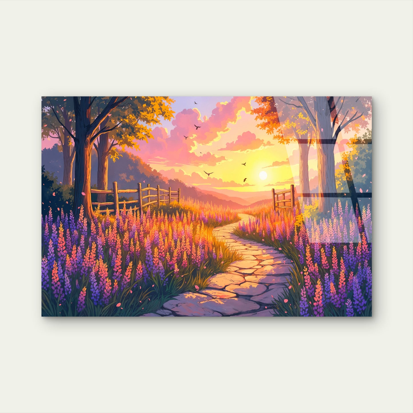 Lavender Field Stone Path Sunset Garden Acrylic Glass Printing Wall Art Australian Made Quality