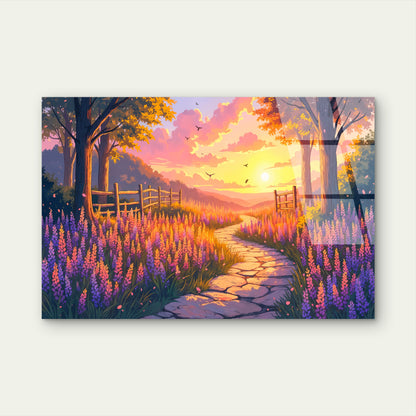 Lavender Field Stone Path Sunset Garden Acrylic Glass Printing Wall Art Australian Made Quality