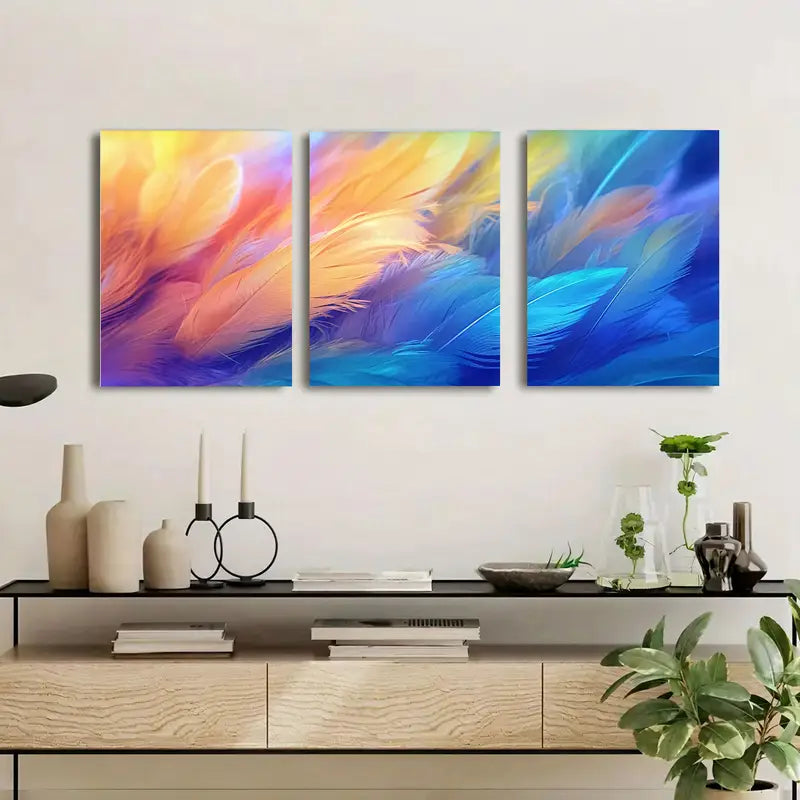 3pcs Colorful Fashion Feather Decoration Metal Print Ready to Hang Art - Bella Home Decor