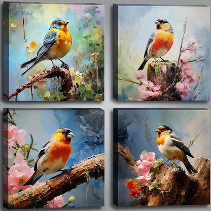 4pcs Colorful Birds Sitting On Tree Branch Wall Art Canvas Framed