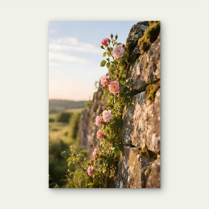 Pink Roses Climbing Stone Wall With Landscape View 40x60cm Metal Print Ready to Hang