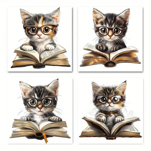 4pcs Whimsical Cat Reading Books With Glasses Wall Art Canvas Framed