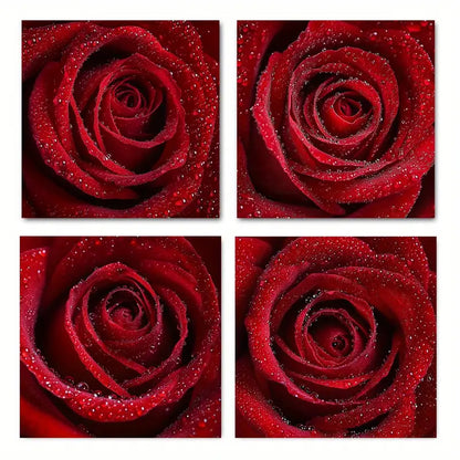 4pcs Vibrant Red Rose Canvas Wall Art Canvas Framed