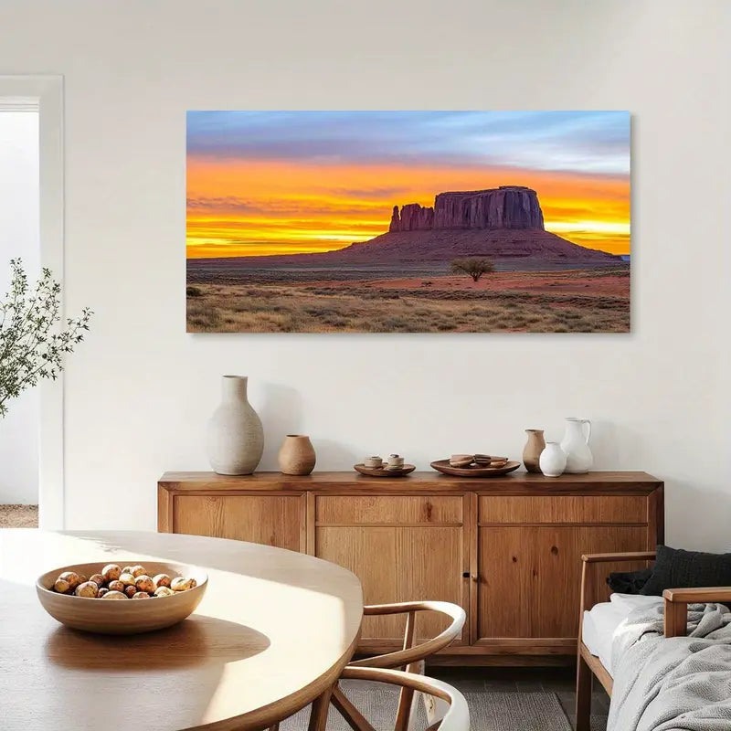 Desert Sunset Dawn Scenery Lone Tree & Rock Formations Vibrant Orange Yellow Blue Sky Wall Art canvas office home room framed 120x60cm - Bella Home Decor