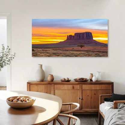 Desert Sunset Dawn Scenery Lone Tree & Rock Formations Vibrant Orange Yellow Blue Sky Wall Art canvas office home room framed 120x60cm - Bella Home Decor