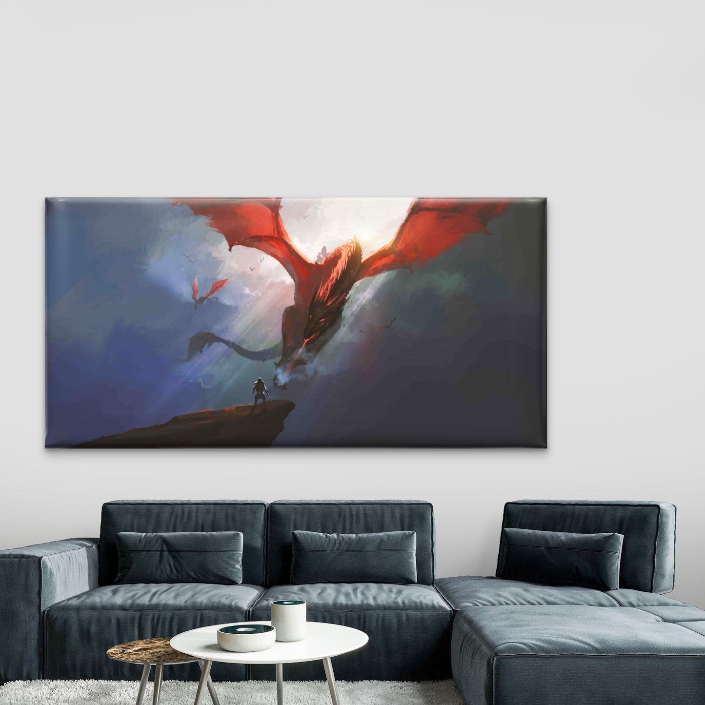 Warrior Bravely Faced Dragon Wall Art Canvas Office Home Room Framed 120x60cm