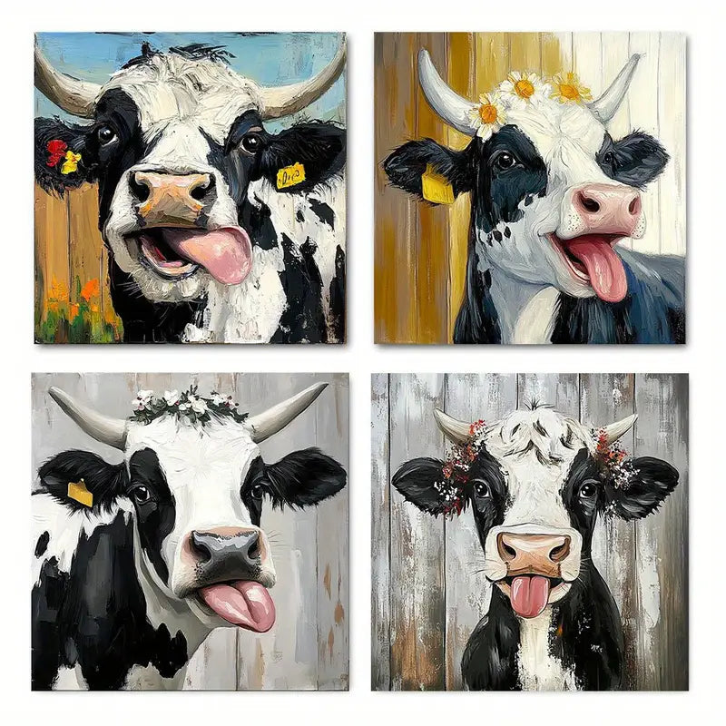 4pcs Black & White Highland Cow With Floral Acc Wall Art Canvas Framed - Bella Home Decor