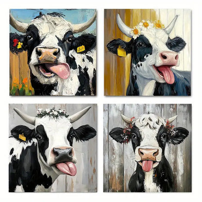 4pcs Black & White Highland Cow With Floral Acc Wall Art Canvas Framed - Bella Home Decor