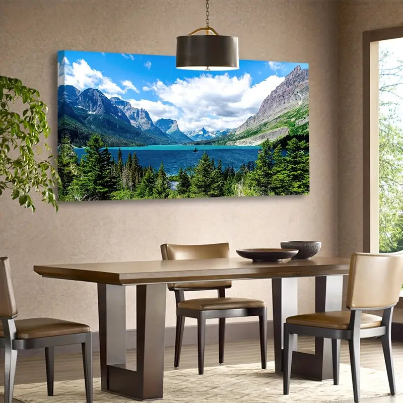 Saint Mary Lake Mountain Green Forest Blue Sky Wall Art canvas office home room framed 120x60cm - Bella Home Decor