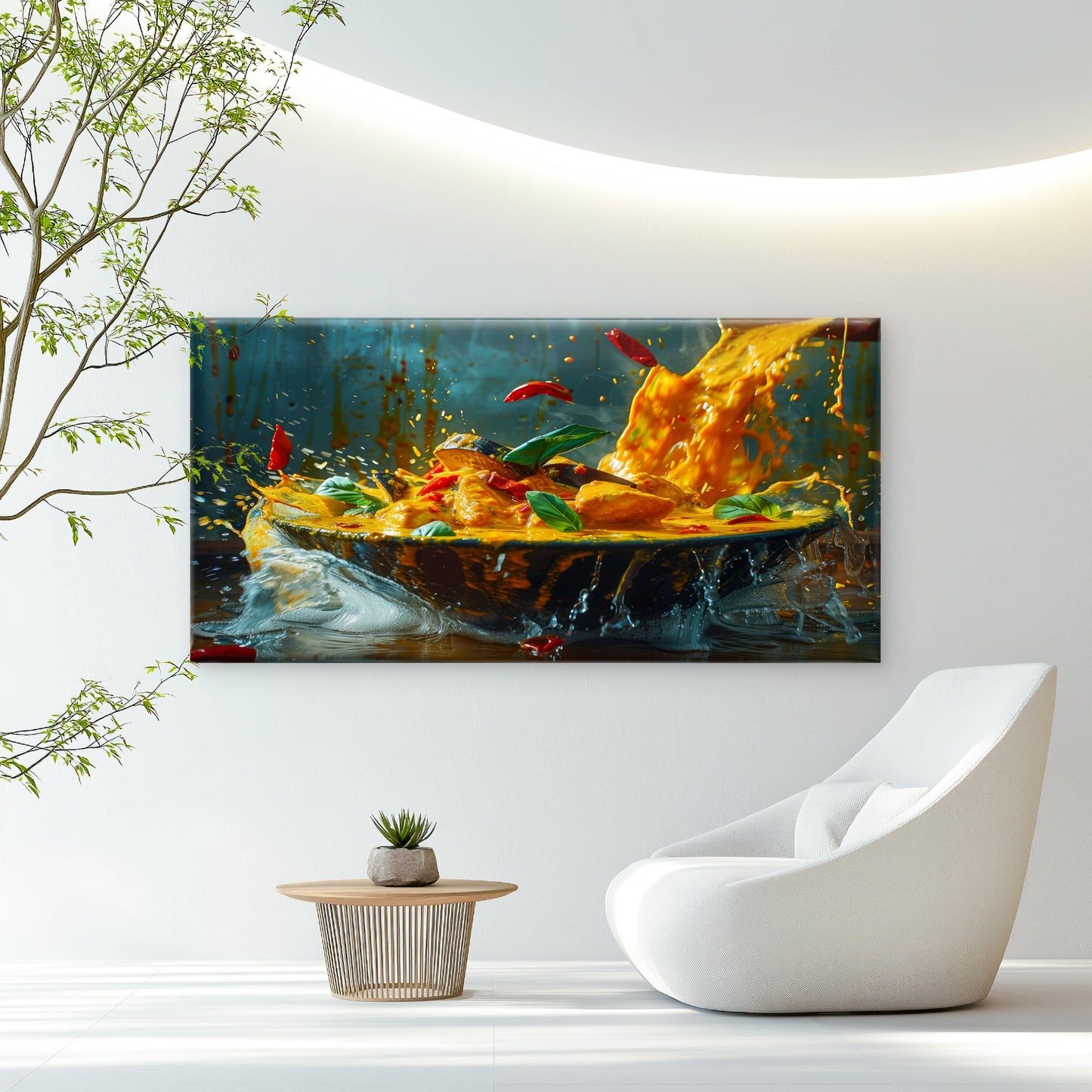 Dynamic Yellow Curry Splash Wall Art Canvas Office Home Room Framed 120x60cm