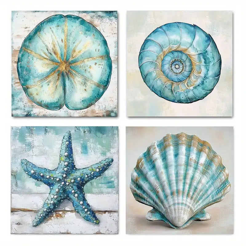 4pcs  Rustic Beach Shell & Starfish Wall Art Canvas Framed
