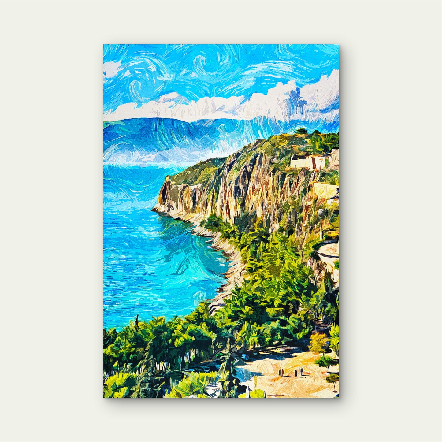 Van Gogh Style Mediterranean Coast Cliff 40x60cm Metal Print Ready to Hang