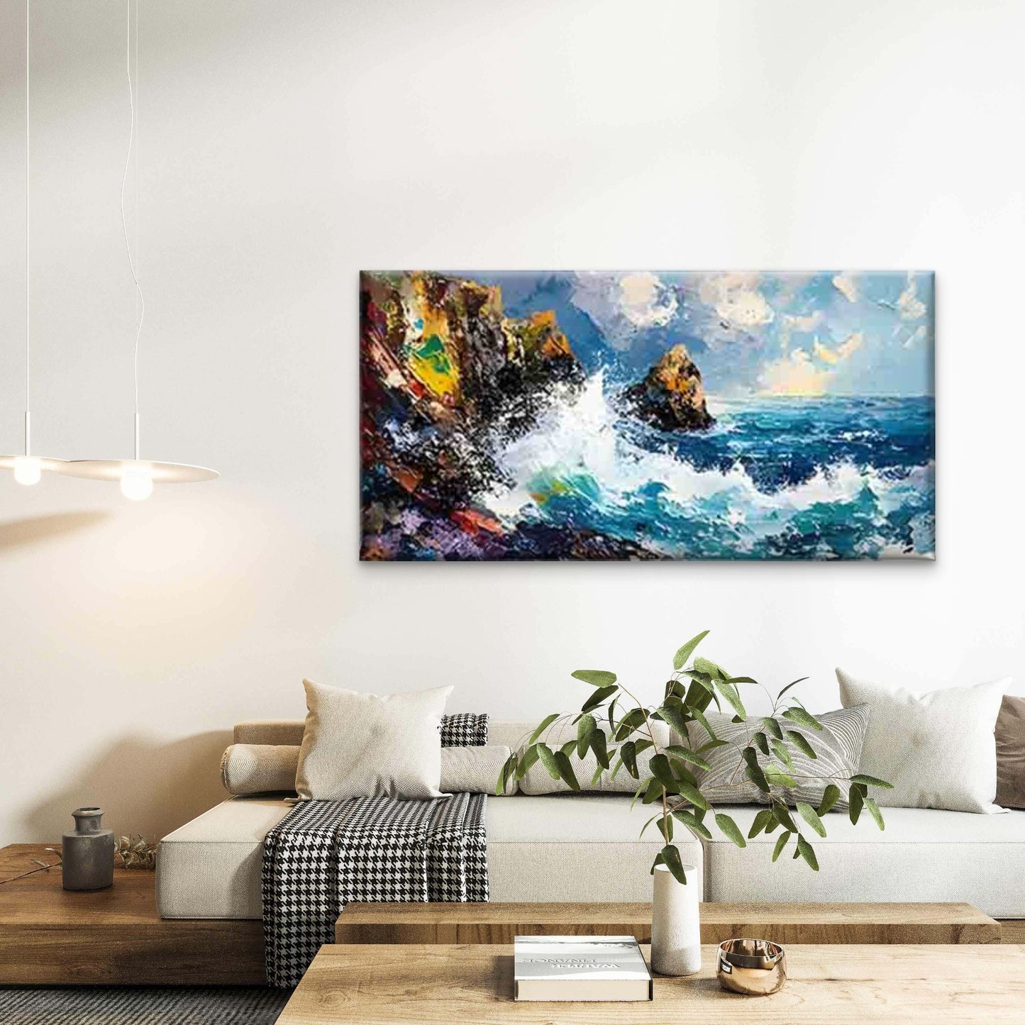 Ocean Waves Crashing Against Wall Art Canvas Office Home Room Framed 120x60cm - Bella Home Decor
