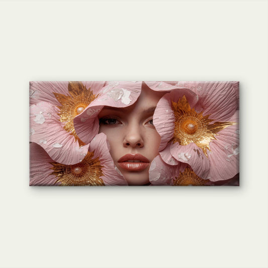 Pink Gold Flower Woman Face Wall Art Canvas Office Home Room Framed 120x60cm