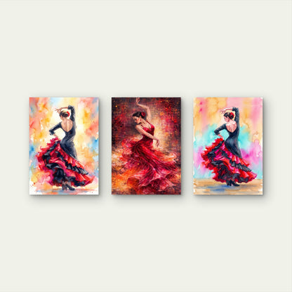 3pcs Spanish Flamenco Dancers In Black And Red Dresses Wall Art Set Canvas Framed 40x60cm - High Quality Print 100% Australian Made Wall Canvas Ready to Hang