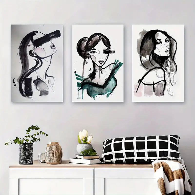 3pcs Black And White Woman Portrait,Metal Print Ready to Hang Art - Bella Home Decor