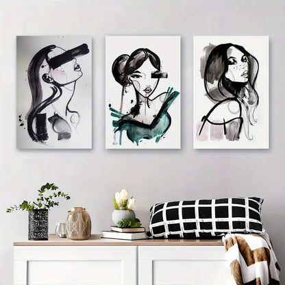 3pcs Black And White Woman Portrait,Metal Print Ready to Hang Art - Bella Home Decor