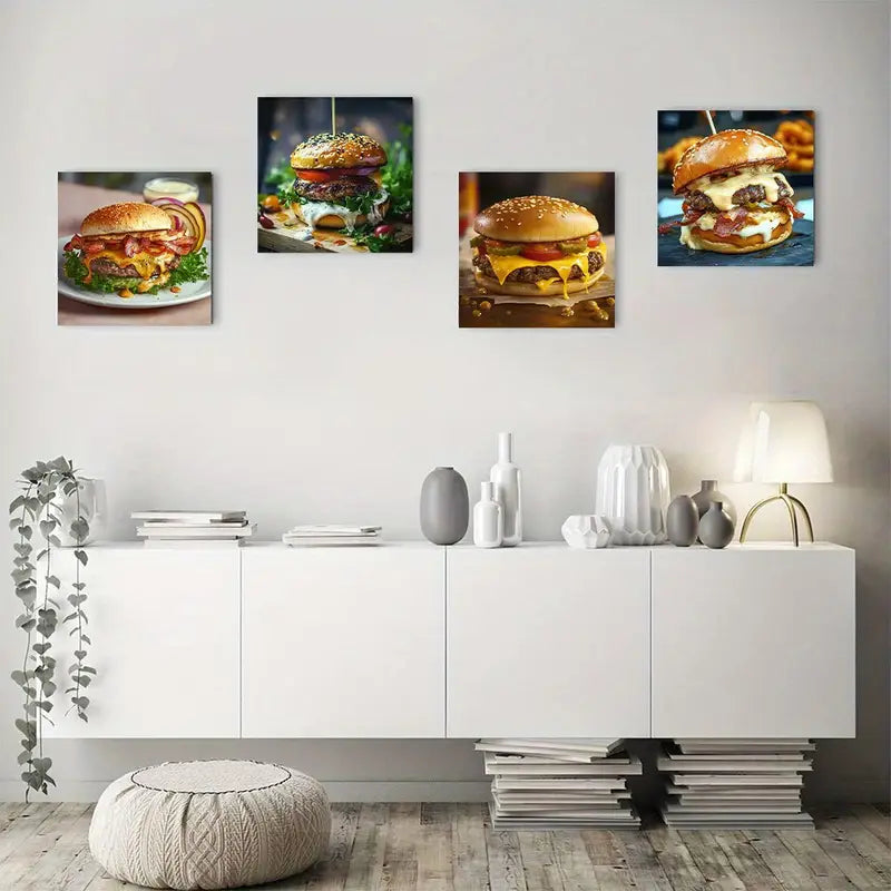 4pcs  Burger Fine Foo Poster Wall Art Canvas Framed