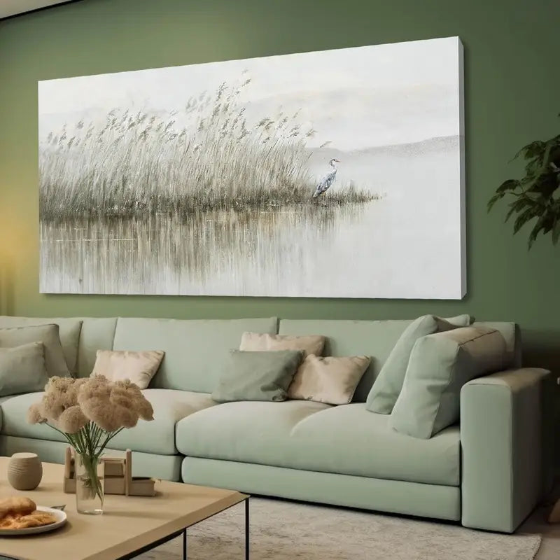 Vintage Reed & Egret Serene Nature Wall Art canvas office home room framed 120x60cm - Bella Home Decor