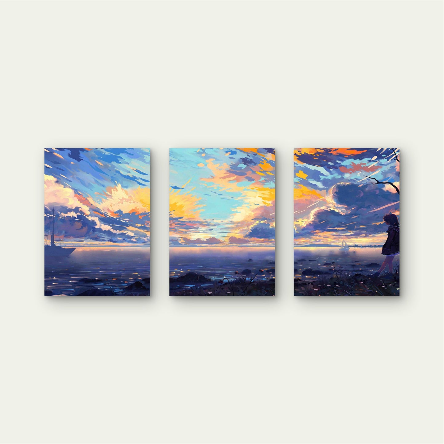 3pcs Impressionist Ocean Horizon Sunset Metal Print Ready to Hang Art