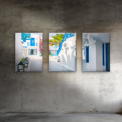 3pcs Greece Mykonos Street White Architecture Wall Art Set Canvas Framed 60x90cm - High Quality Print 100% Australian Made Wall Canvas Ready to Hang