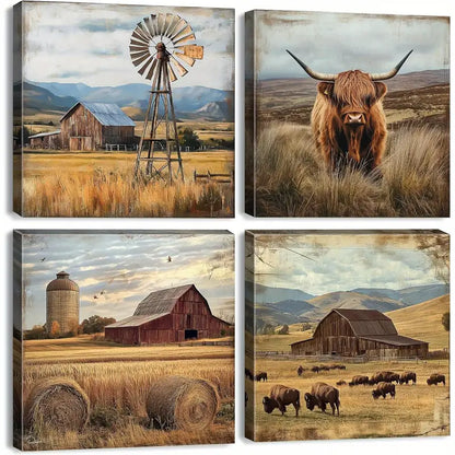 4pcs Highland Cow  Vintage Barn    Wall Art Canvas Framed