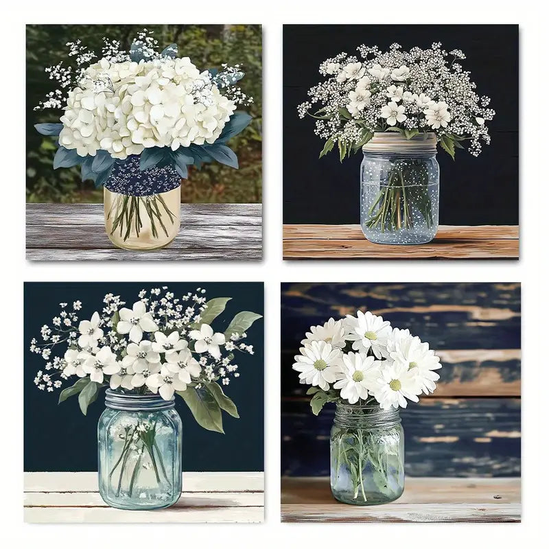 4pcs Elegant White Flower Mason Jar Wall Art Canvas Framed
