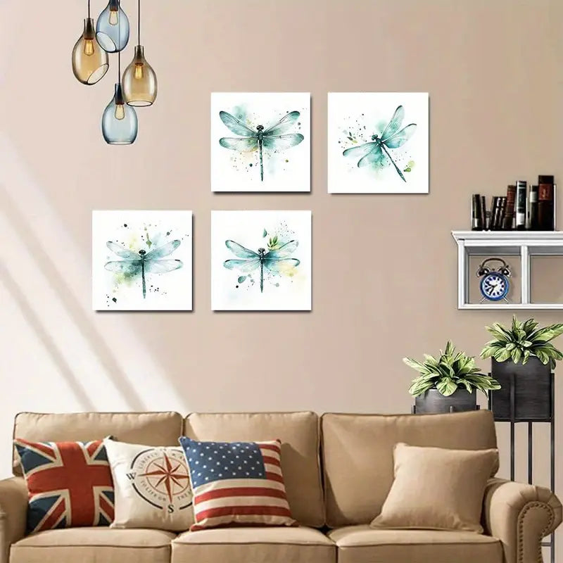 4pcs Blue & Green Dragonflies on Leafy Wall Art Canvas Framed