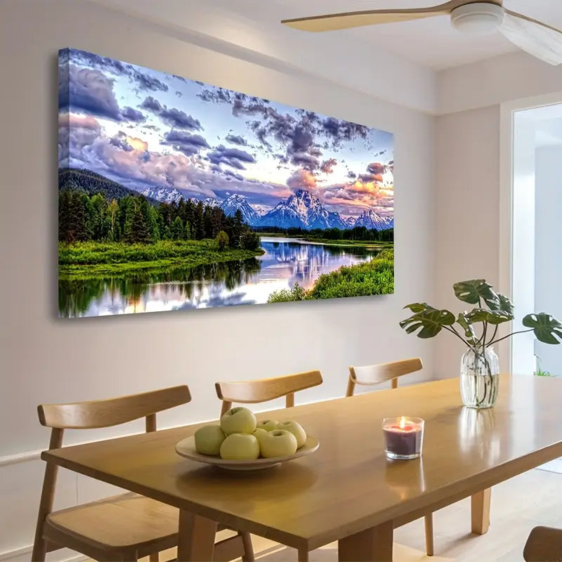 Grand Teton National Park Oxbow Bend Mountain River Forest Scenery Wall Art canvas office home room framed 120x60cm - Bella Home Decor