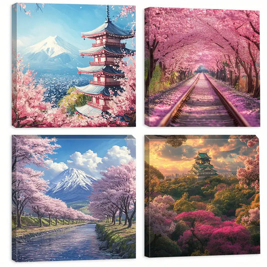 4pcs Cherry Blossom & Mt. Fuji  Wall Art Canvas Framed