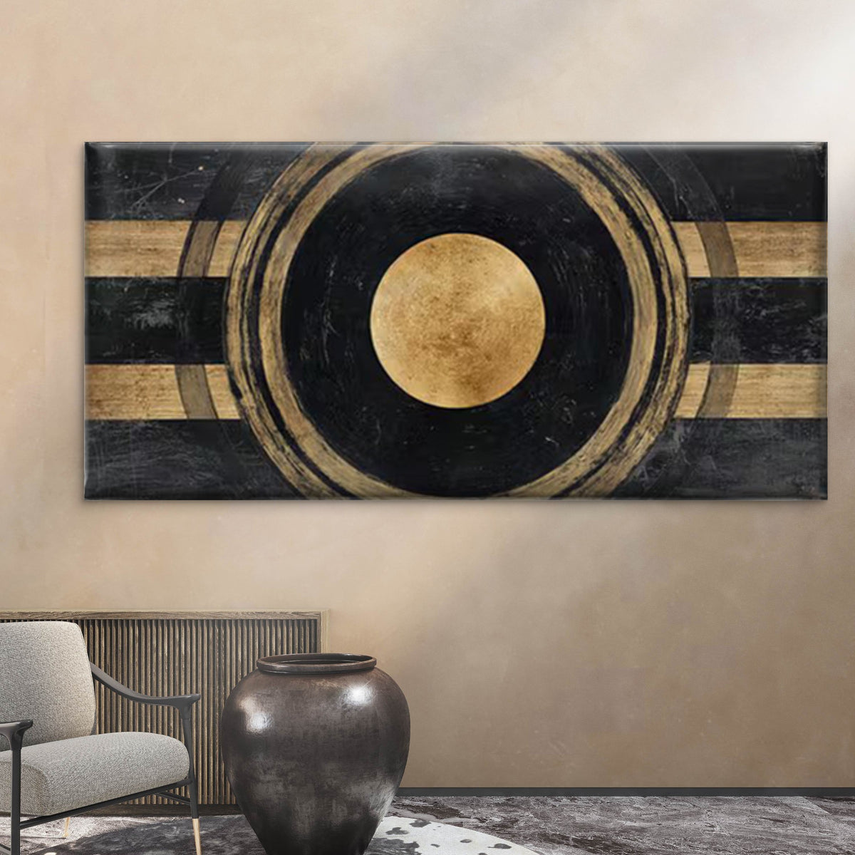 Vintage Geometric Black & Golden Abstract Wall Art Canvas Office Home Room Framed 120x60cm