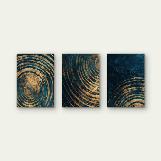 3pcs Teal Gold Abstract Spiral Rings Metal Print Ready to Hang Art