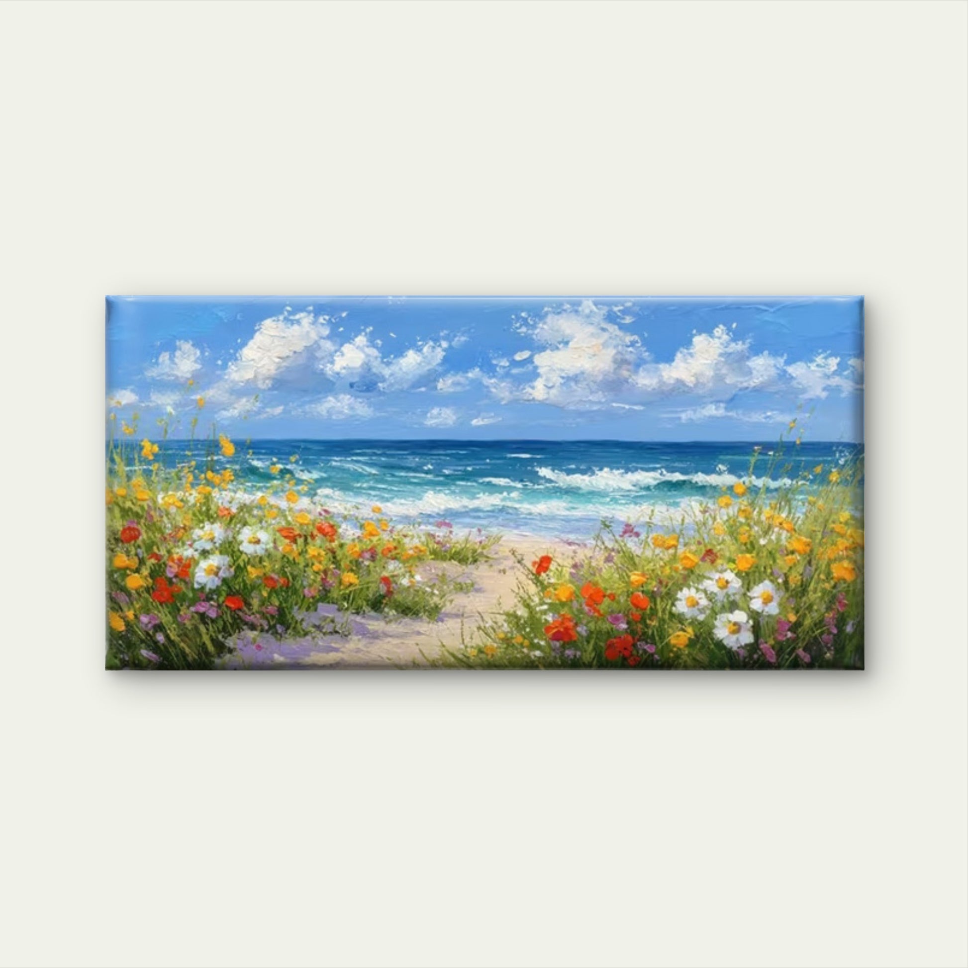 Sea & Floral Shoreline Wall Art Canvas Office Home Room Framed 120x60cm - Bella Home Decor