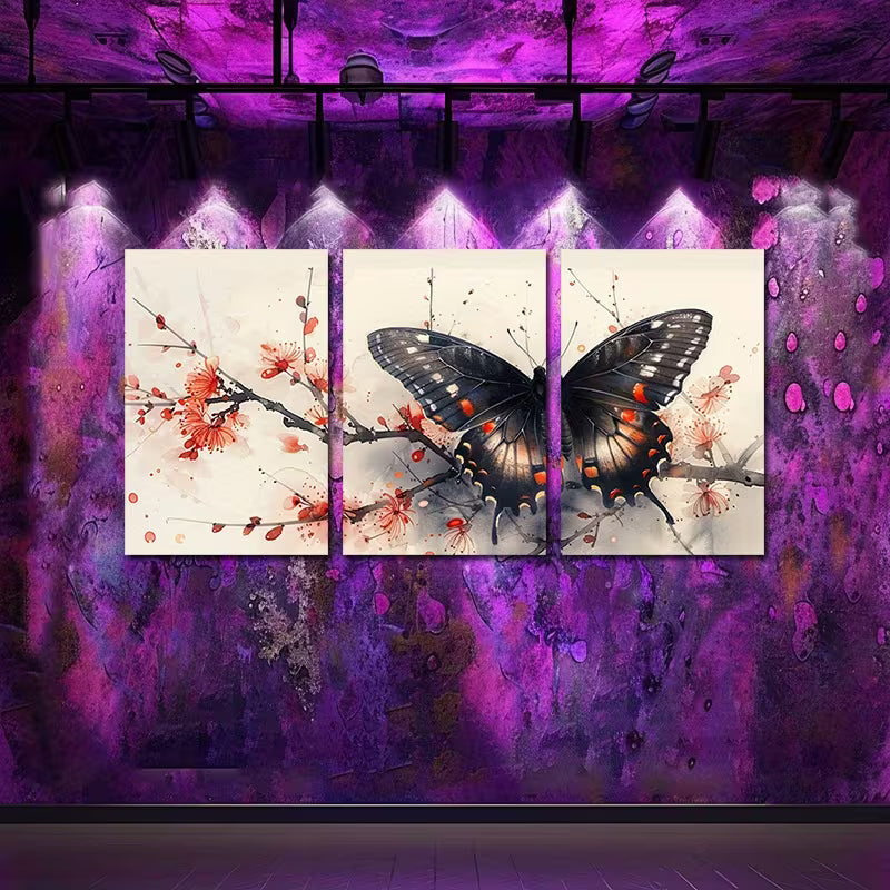 3pcs Butterfly with Red Florals Branch Wall Art Set Canvas Framed 50x70cm - High Quality Print 100% Australian Made Wall Canvas Ready to Hang - Bella Home Decor