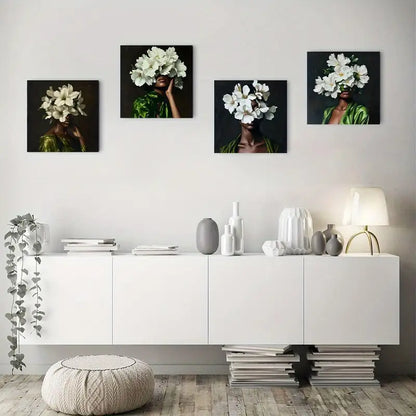 4pcs Green Lady Flower Picture Wall Art Canvas Framed