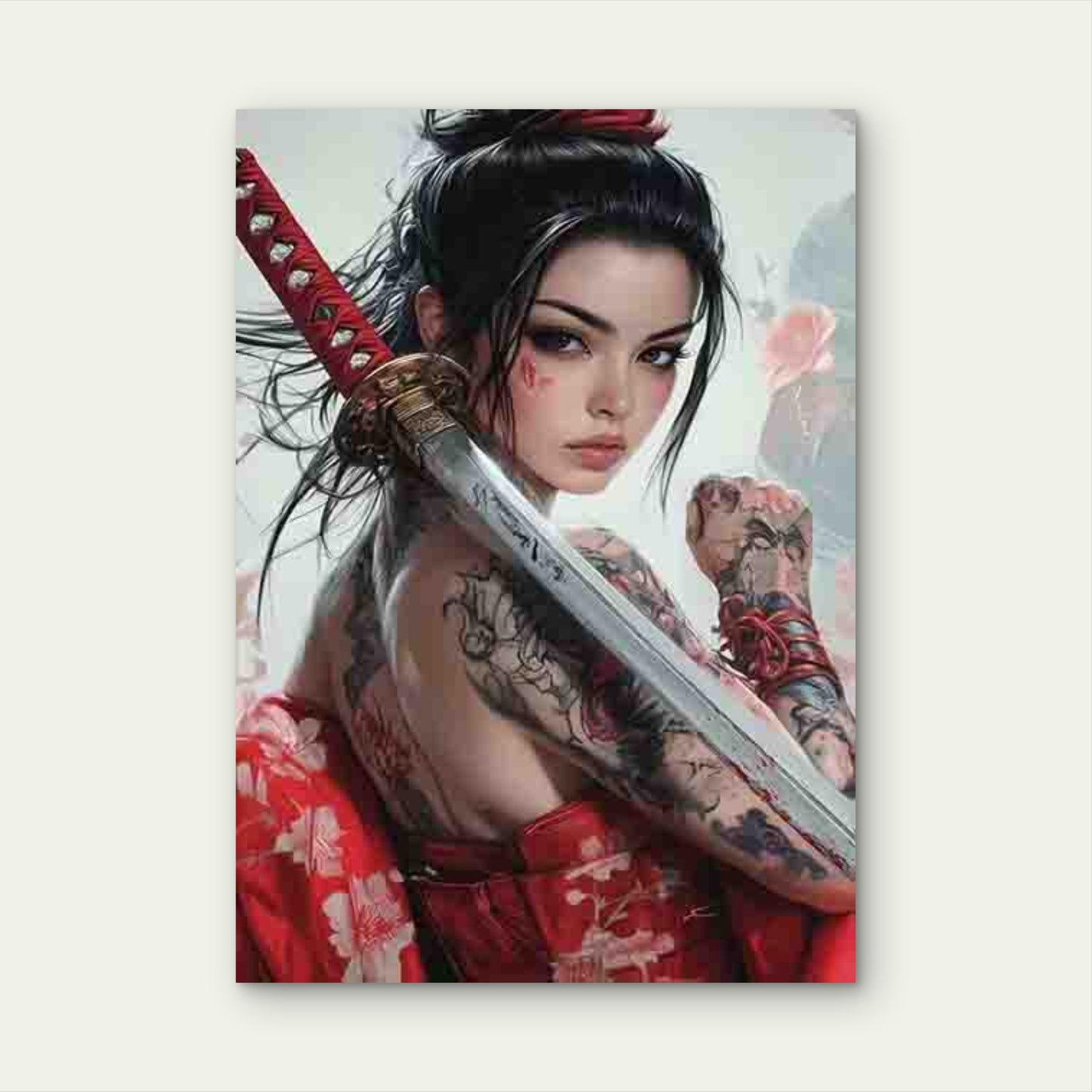 Woman in a Red Kimono, Holding a Sword 40x60cm Metal Print Ready to Hang