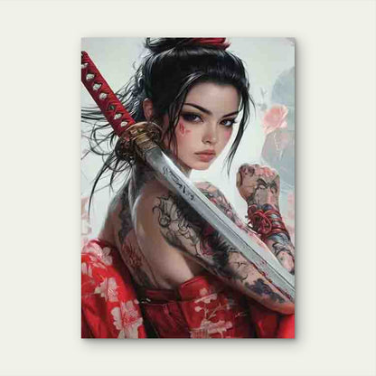 Woman in a Red Kimono, Holding a Sword 40x60cm Metal Print Ready to Hang