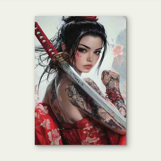 Woman in a Red Kimono, Holding a Sword 40x60cm Metal Print Ready to Hang
