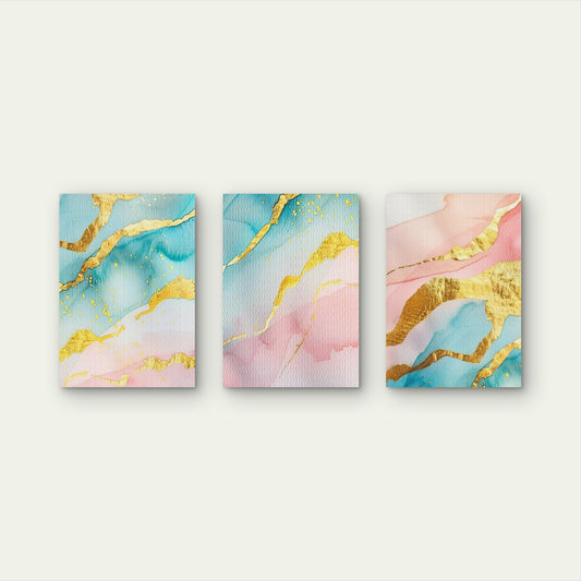 3pcs Pastel Pink Teal and Gold Foil Abstract Watercolor Wall Art Set Canvas Framed 40x60cm - High Quality Print 100% Australian Made Wall Canvas Ready to Hang