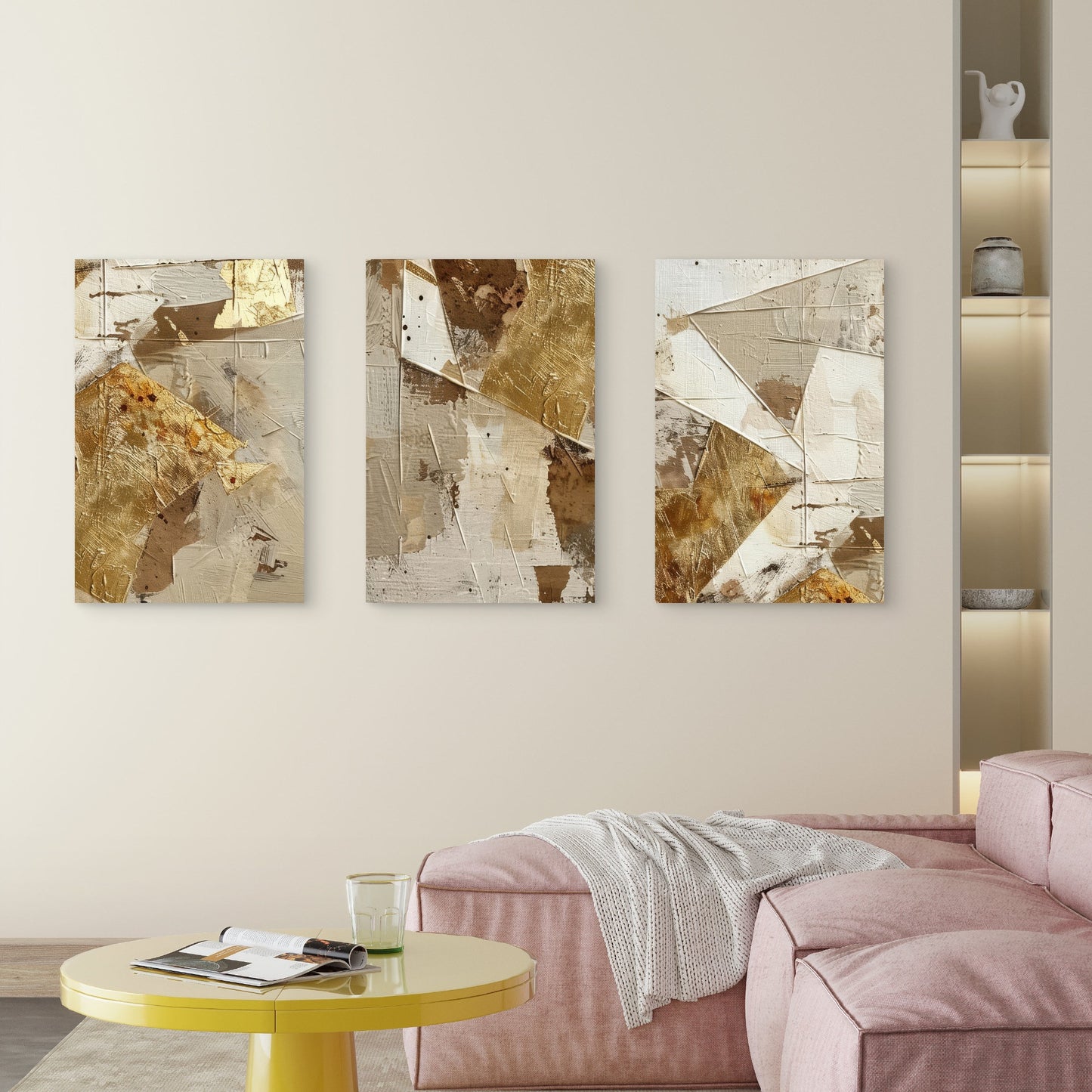 3pcs Beige Brown Gold Foil Geometric  Wall Art Set Canvas Framed 50x70cm - High Quality Print 100% Australian Made Wall Canvas Ready to Hang