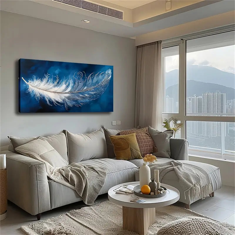 Feather Modern Minimalist Blue Wall Art Canvas Office Home Room Framed 120x60cm - Bella Home Decor