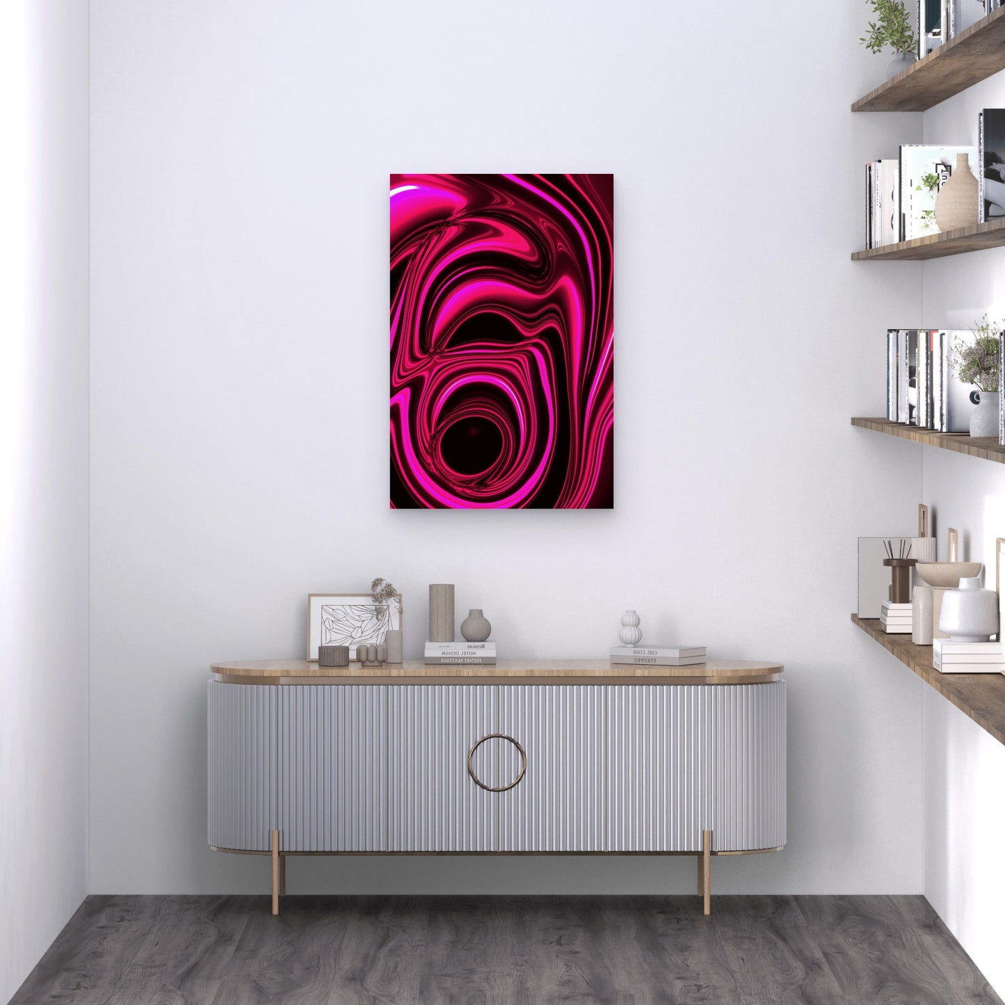 Abstract Pink and Magenta Swirls on Black Background 40x60cm Metal Print Ready to Hang