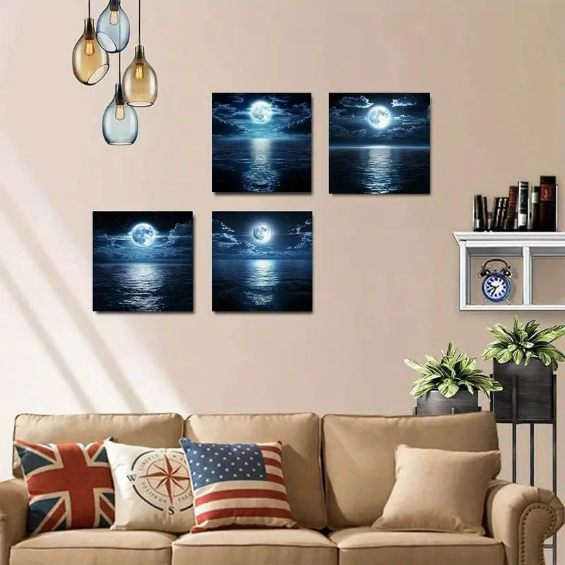 4pcs Ocean And Night Moon AO Wall Art Canvas Framed