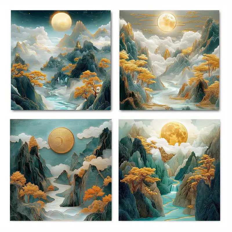 4pcs Alpine Pine & Mountain Landscape With Golde Wall Art Canvas Framed