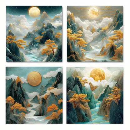 4pcs Alpine Pine & Mountain Landscape With Golde Wall Art Canvas Framed