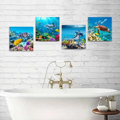 4pcsFeaturing Turtles, Dolphins, And a Blue Oce Wall Art Canvas Framed