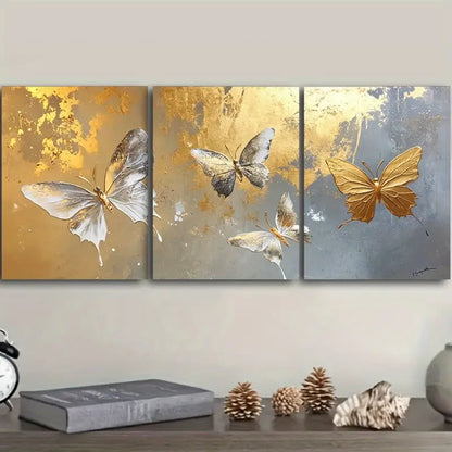 3pcs Golden & White Butterflies Metal Print Ready to Hang Art - Bella Home Decor