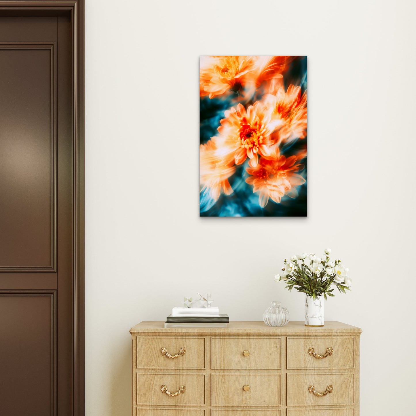 Motion-Blurred Orange Chrysanthemums 40x60cm Metal Print Ready to Hang