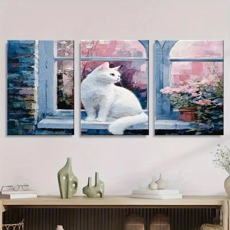 3pcs Abstract White Cat On Window Sill Metal Print Ready to Hang Art - Bella Home Decor