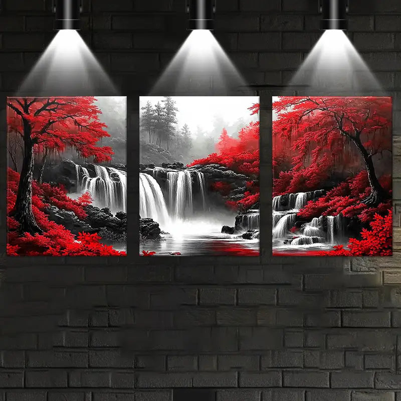 3pcs Red Tree & Waterfall Landscape Metal Print Ready to Hang Art